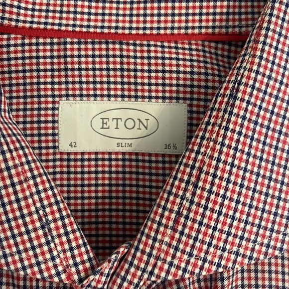 Eton Men’s dress shirt slim fit size 42 16-1/2 navy blue and red checker print. - Picture 2 of 3